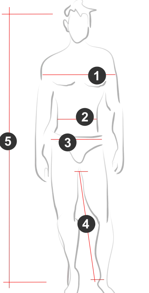 Koerpermesspunkte fuer Brust, Taille, Huefte und Innenbeinlaenge.